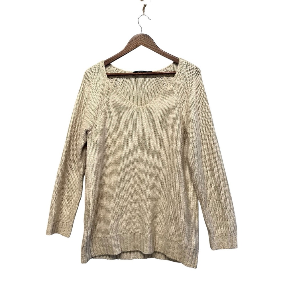 Lauren Ralph Lauren Womens Cable Knit Sweater Sz XL‎ Cream Long Sleeve V Neck